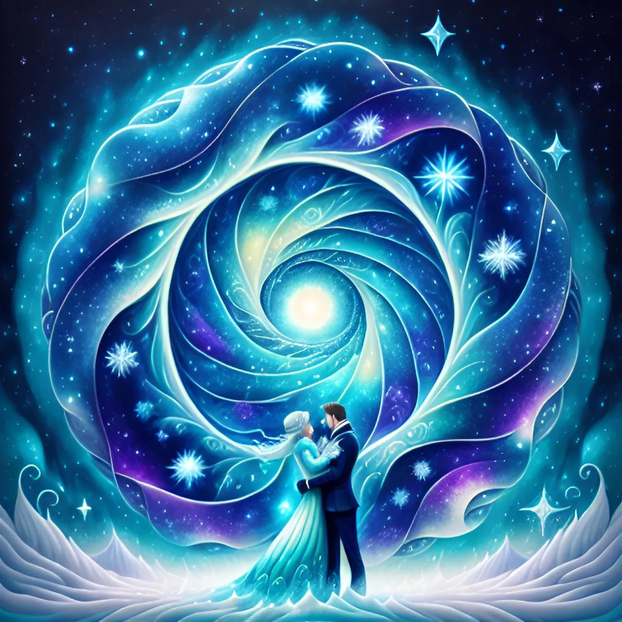 a painting of a couple in front of a blue swirl