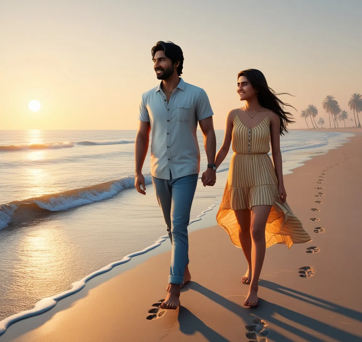 a man and a woman walking along a beach