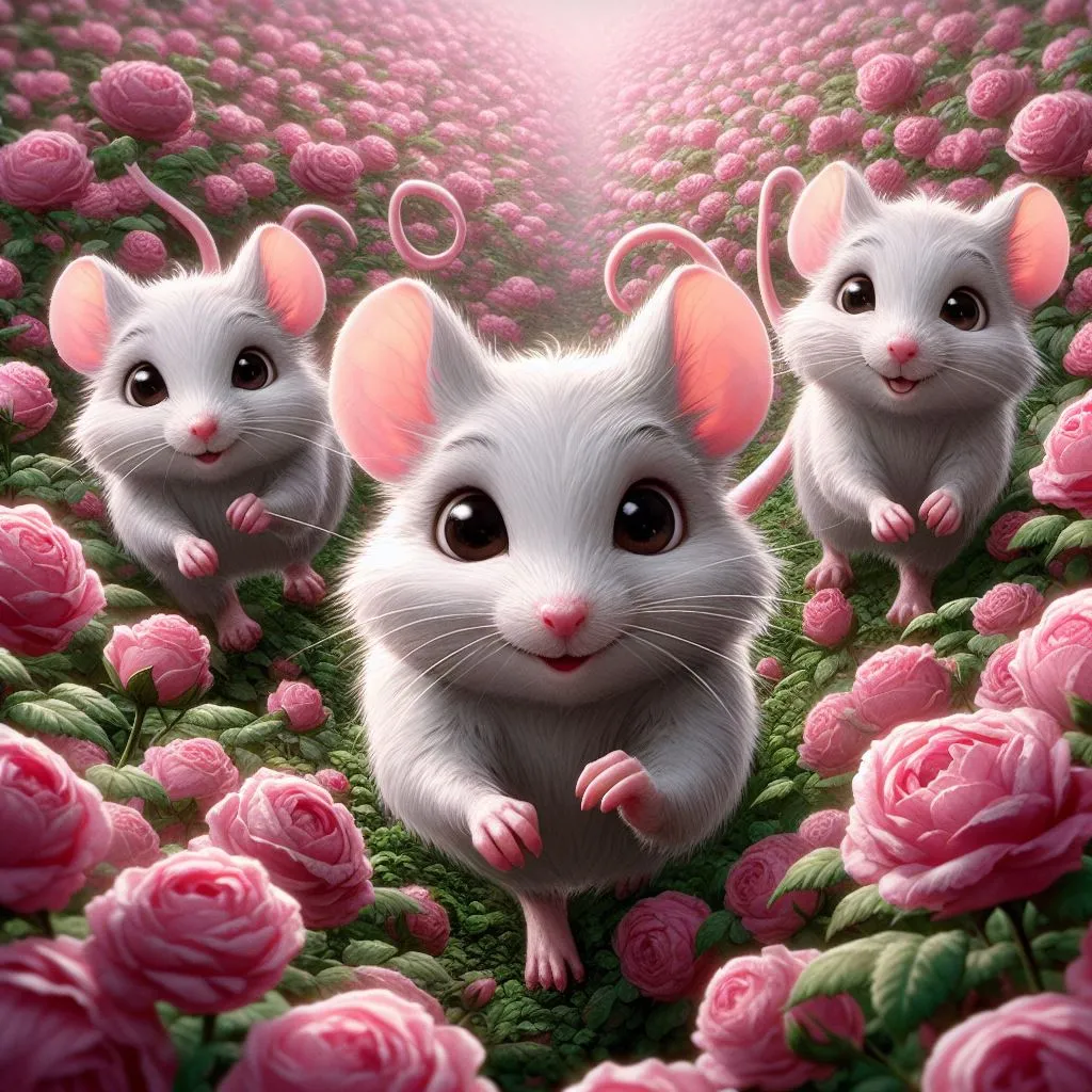 a group of mice running on top of a field of flowers