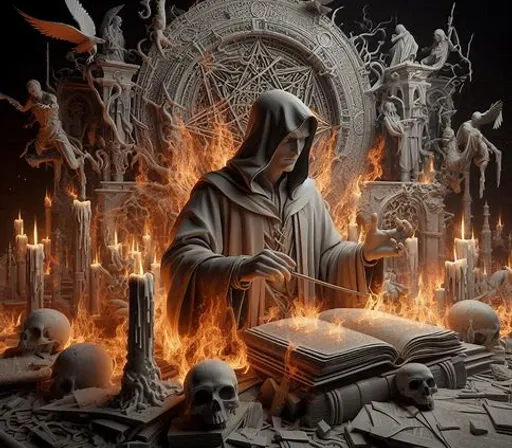 a man in a hooded jacket surrounded by skulls and candles