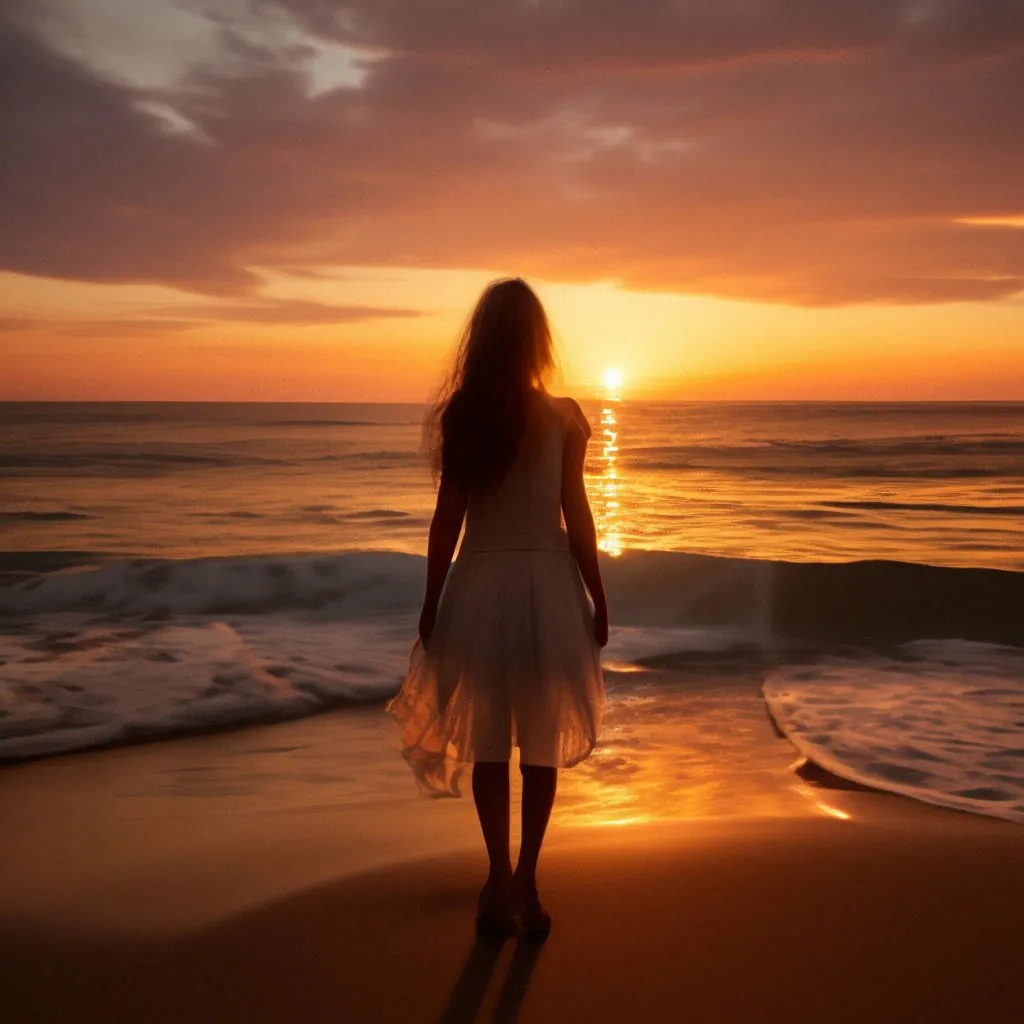 a woman standing on a beach at sunset