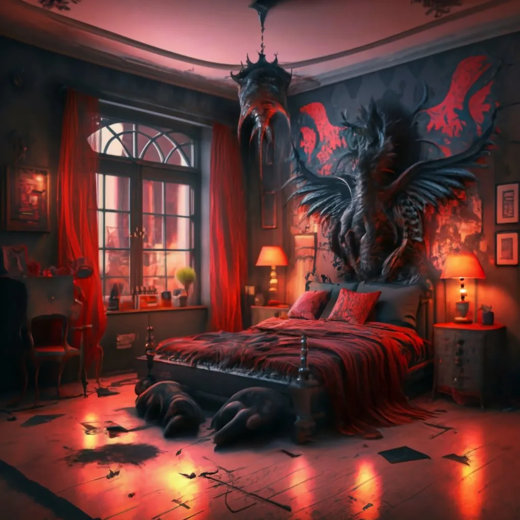 a bed room with a large bed covered in a red comforter