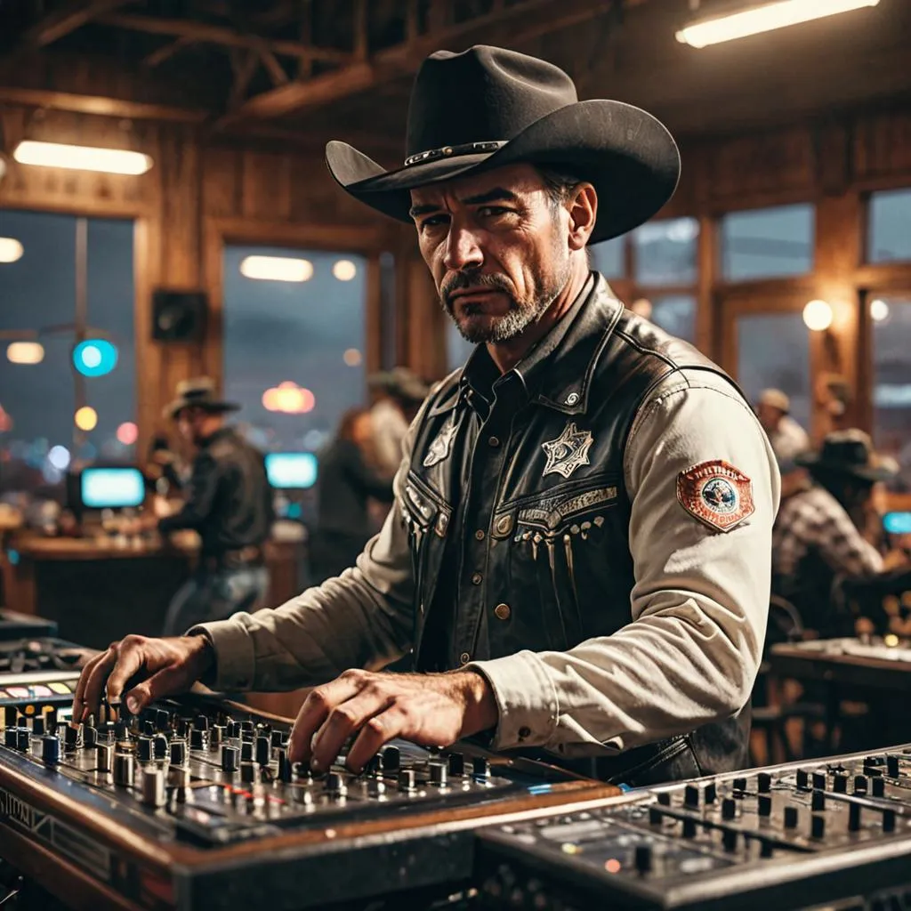 a man in a cowboy hat is mixing music