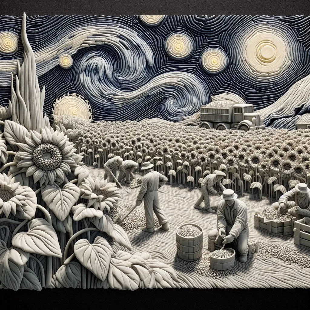 a painting of people working in a field of sunflowers