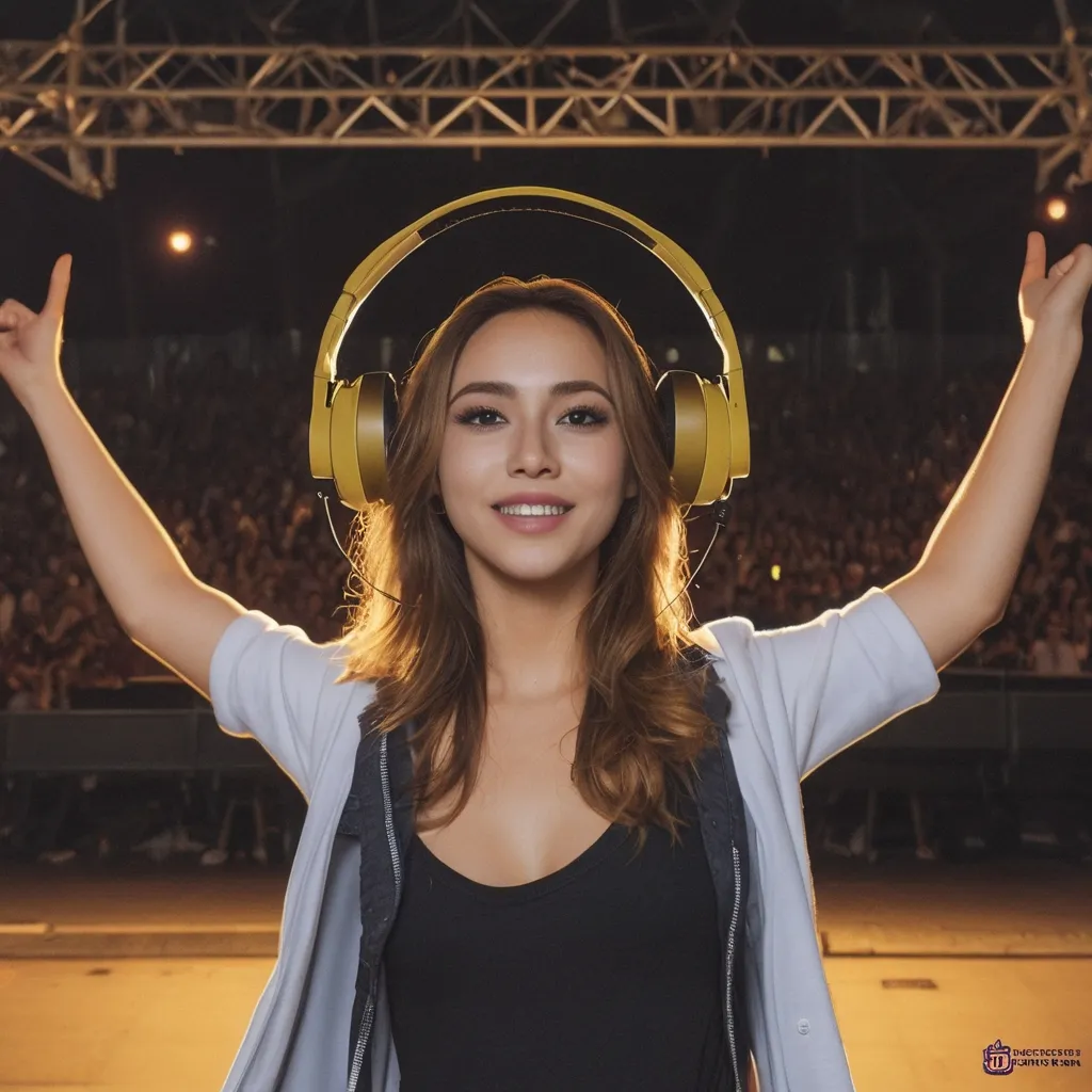 a woman with headphones standing in front of a crowd