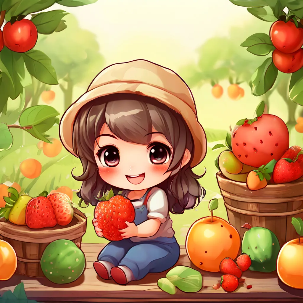 a little girl sitting on a bench surrounded by fruits