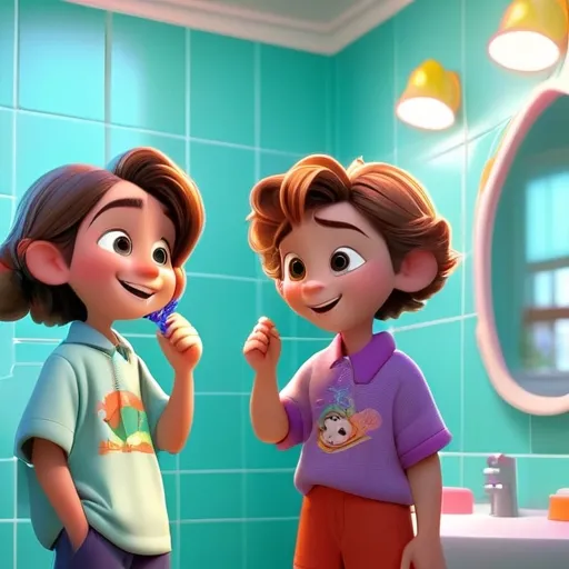 a boy and a girl brushing their teeth in a bathroom