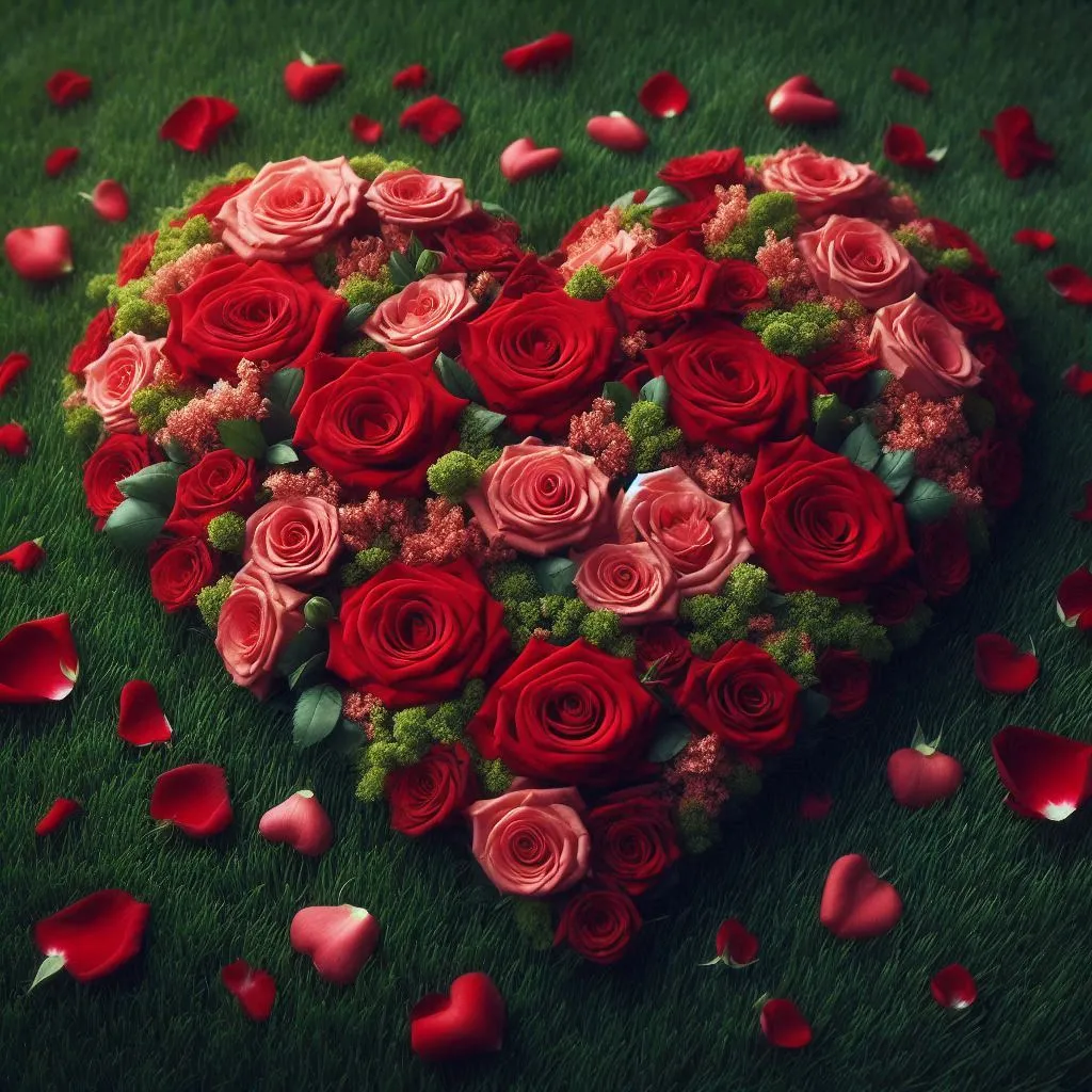 a heart shaped arrangement of roses on a green grass