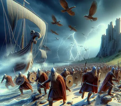 a painting of a viking battle with a ship in the background