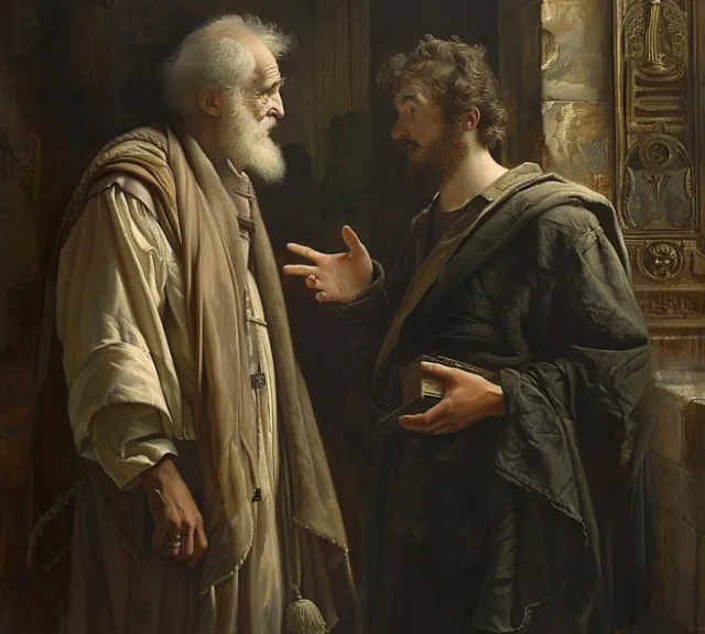 a painting of a man talking to another man