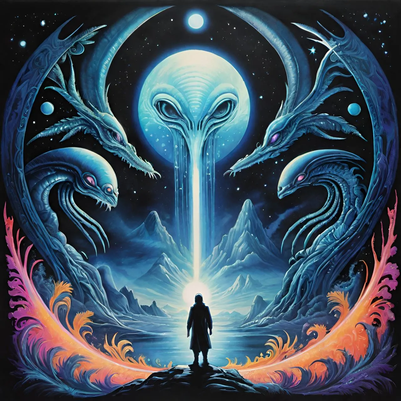 a painting of a man standing in front of a giant alien