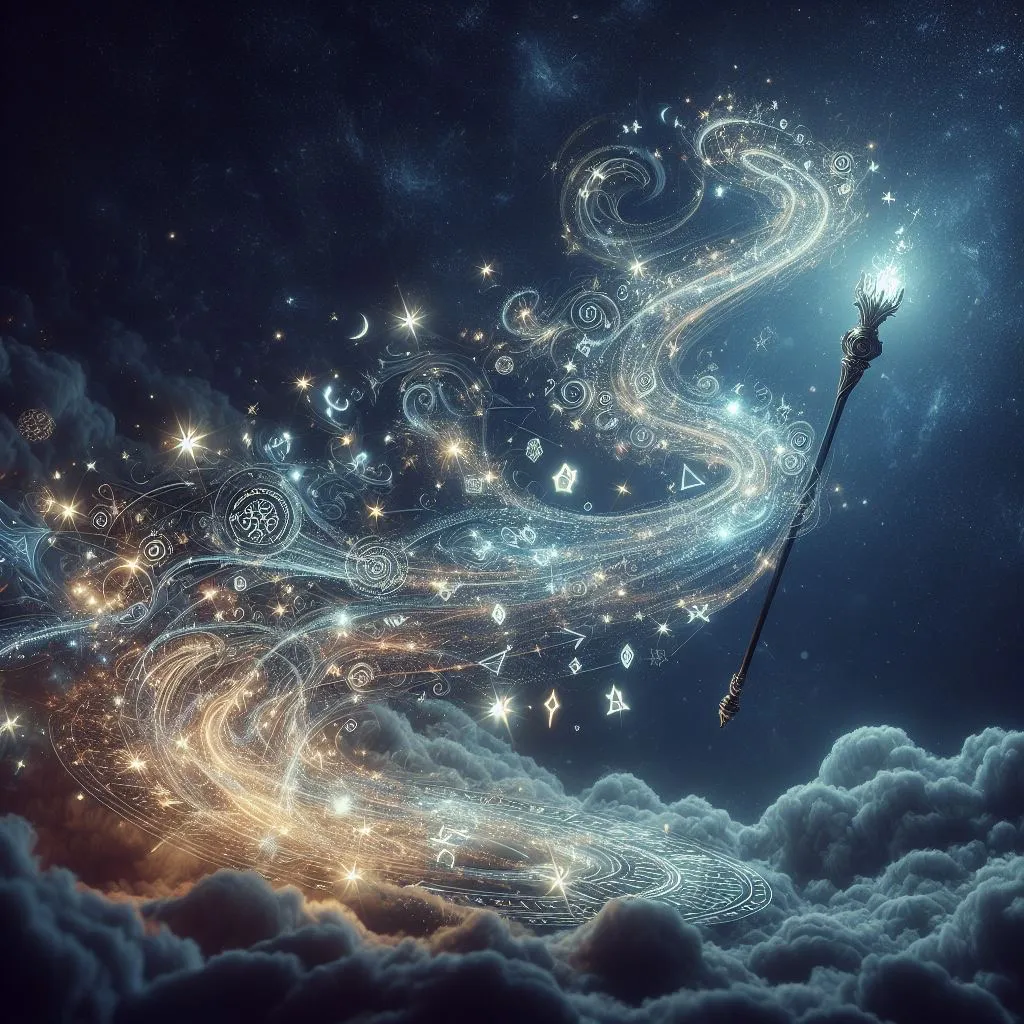 a wizard's wand flying through the night sky