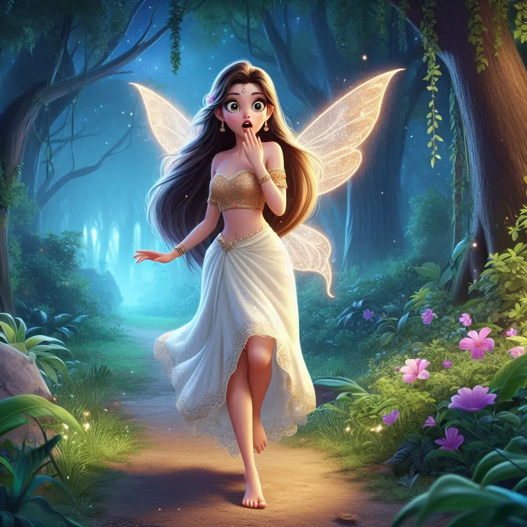 a beautiful fairy  with long hair wering white lehenga surprised , walking in jungle at mid night ' bare foot  3D animation cartoon zoom in 