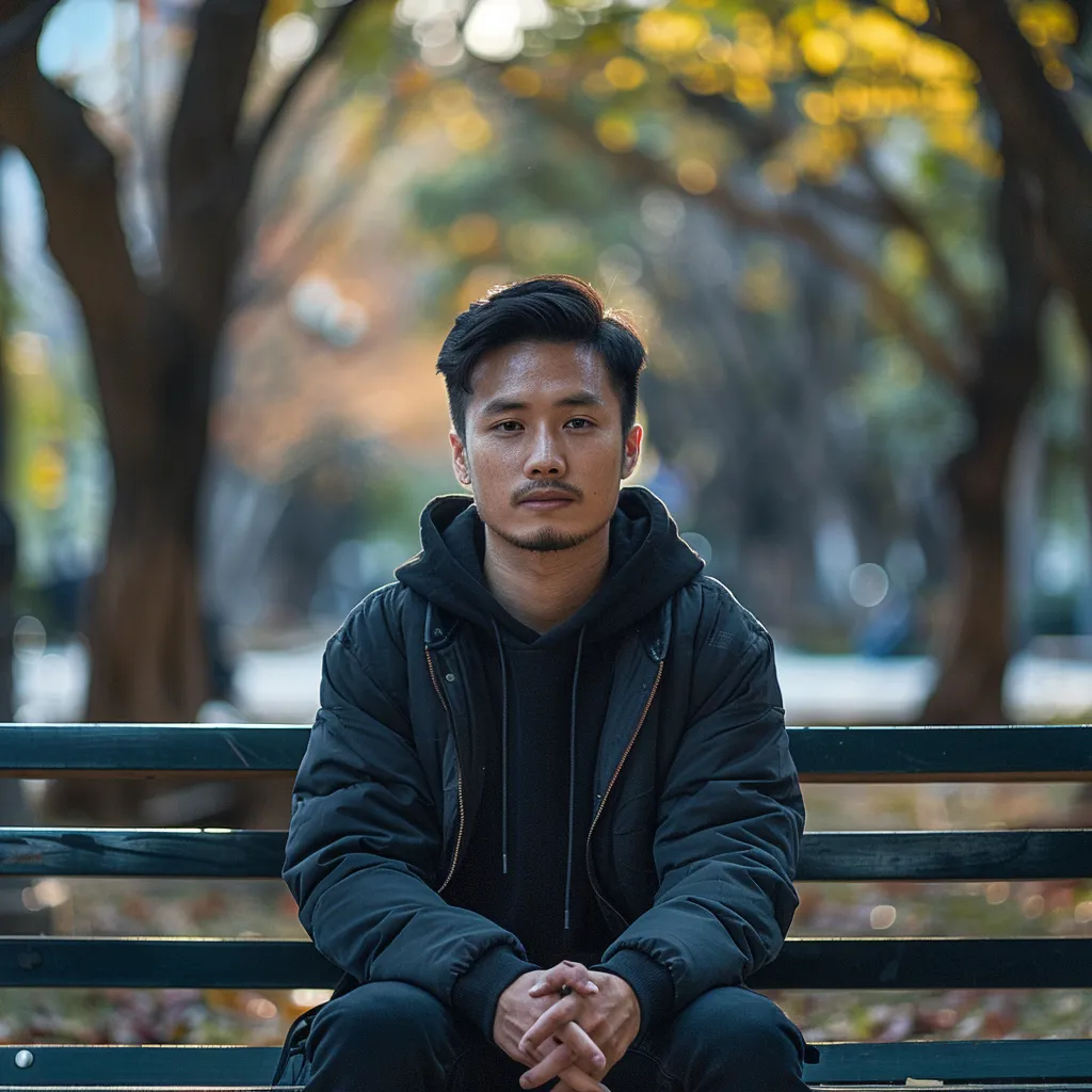 a man sitting on a bench in a park --ar 16:9