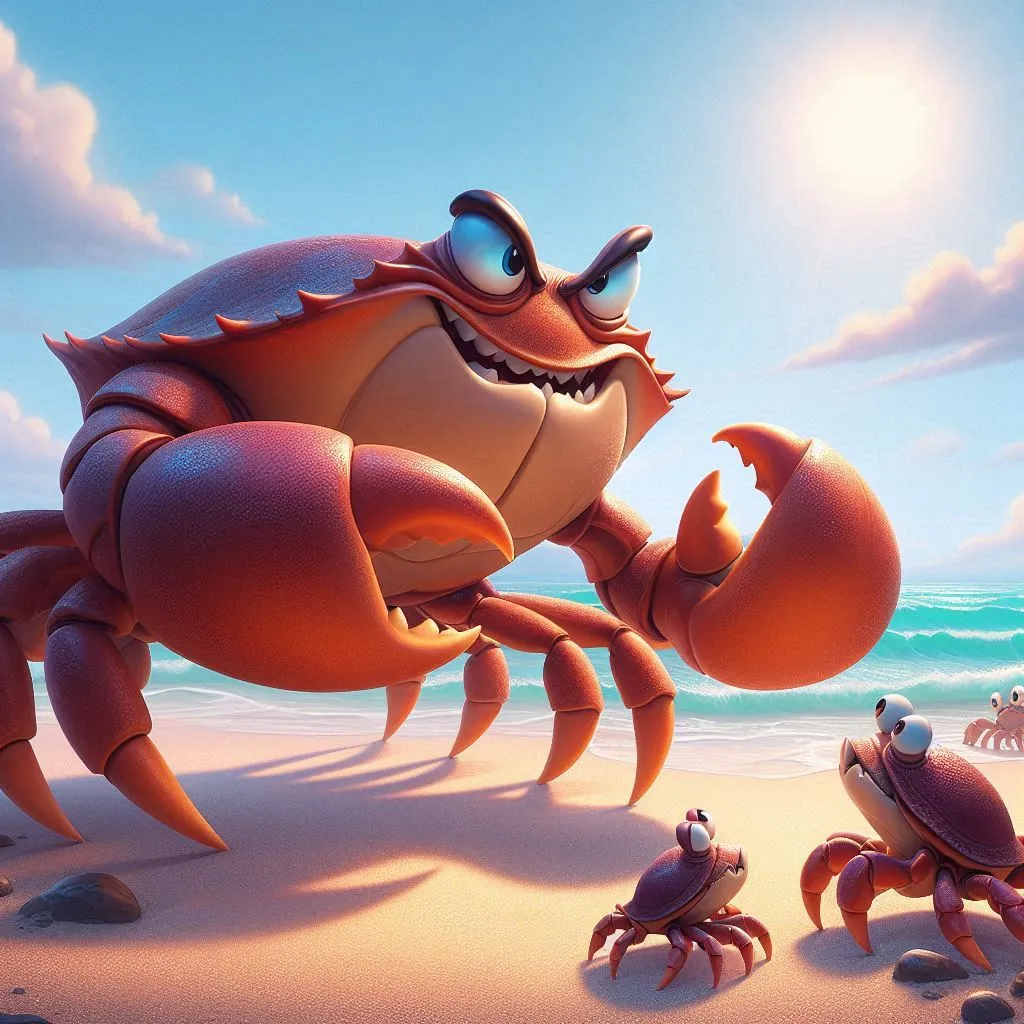 a crab and two crabs on a beach