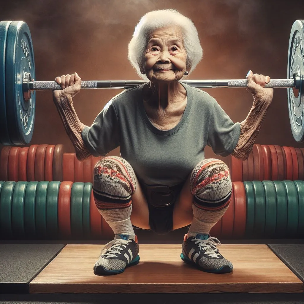 a woman squats on a bench with a barbell in front of her