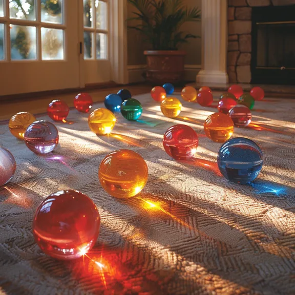 a group of glass balls sitting on top of a floor