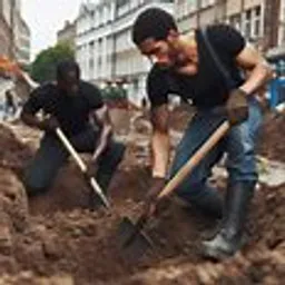 a group of people digging in the dirt