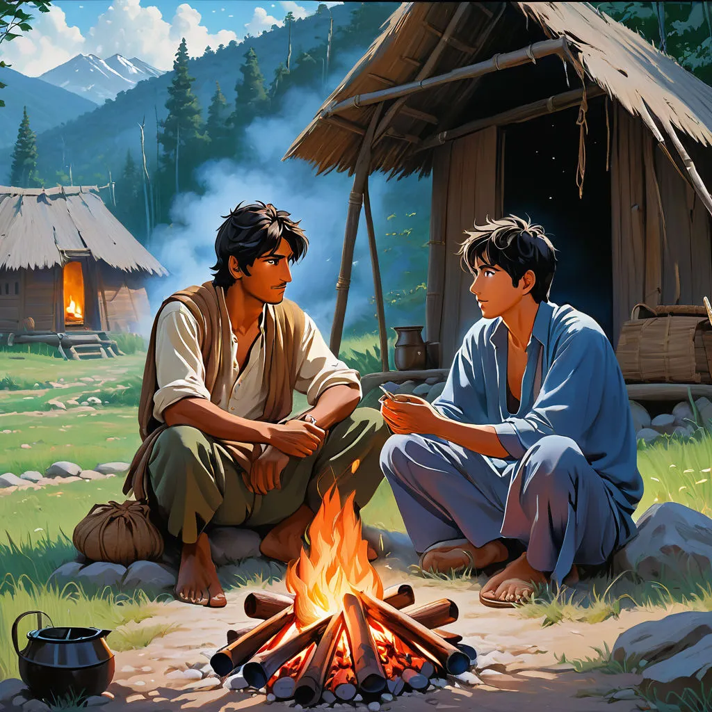 a painting of two men sitting next to a campfire