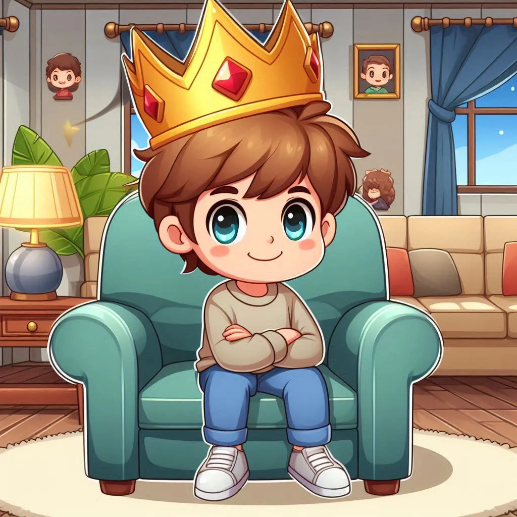 a boy sitting in a chair with a crown on his head