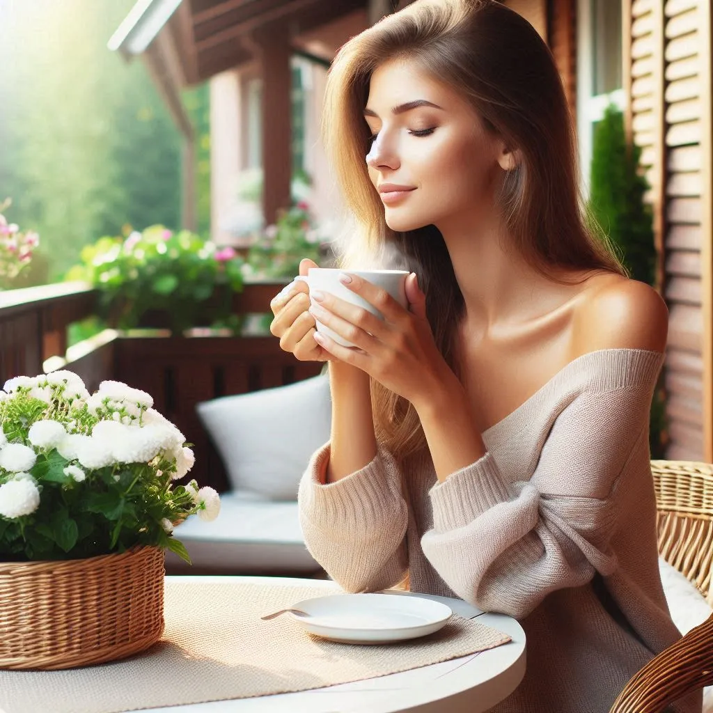 a woman sitting at a table drinking a cup of coffee