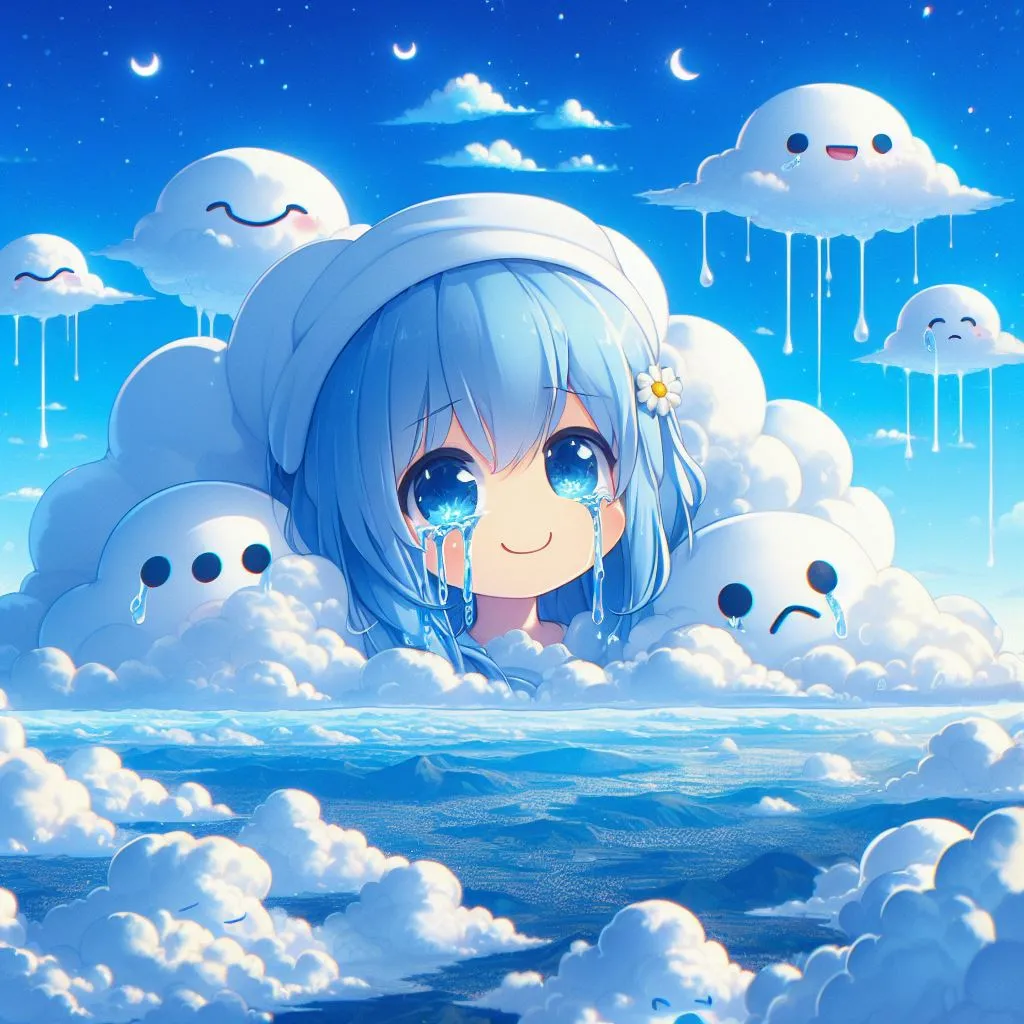 a girl with blue hair is sitting in the clouds