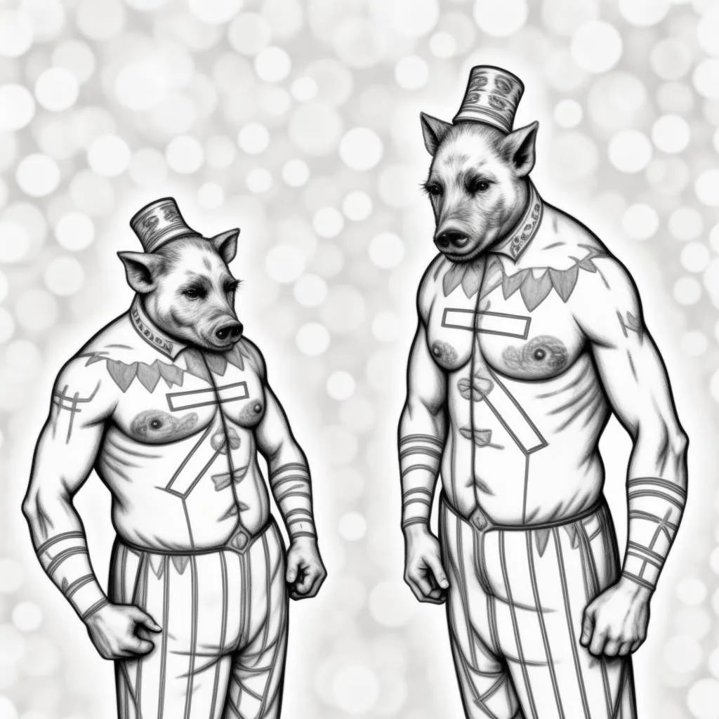 a drawing of two dogs dressed as circus performers