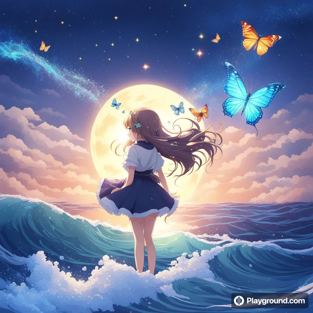 a girl standing on a wave with butterflies flying above her