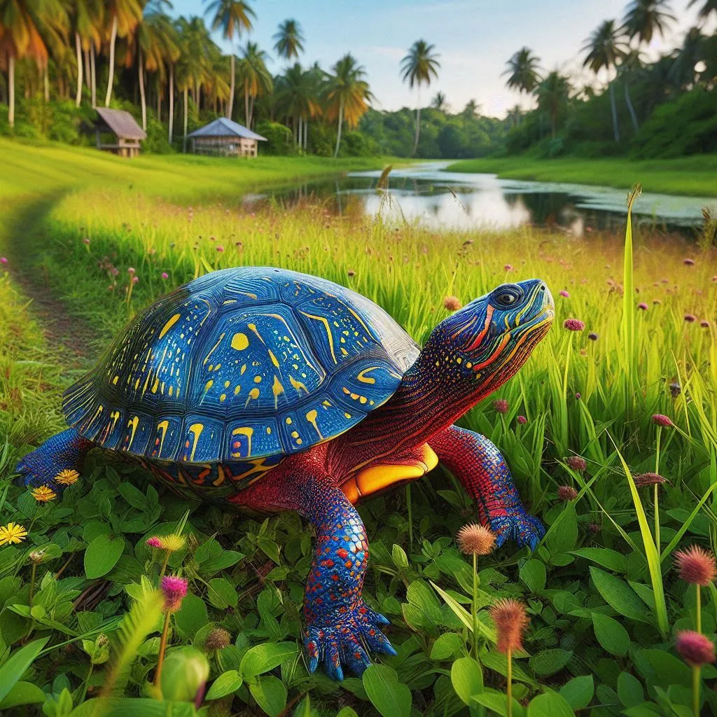 a painted turtle is sitting in the grass