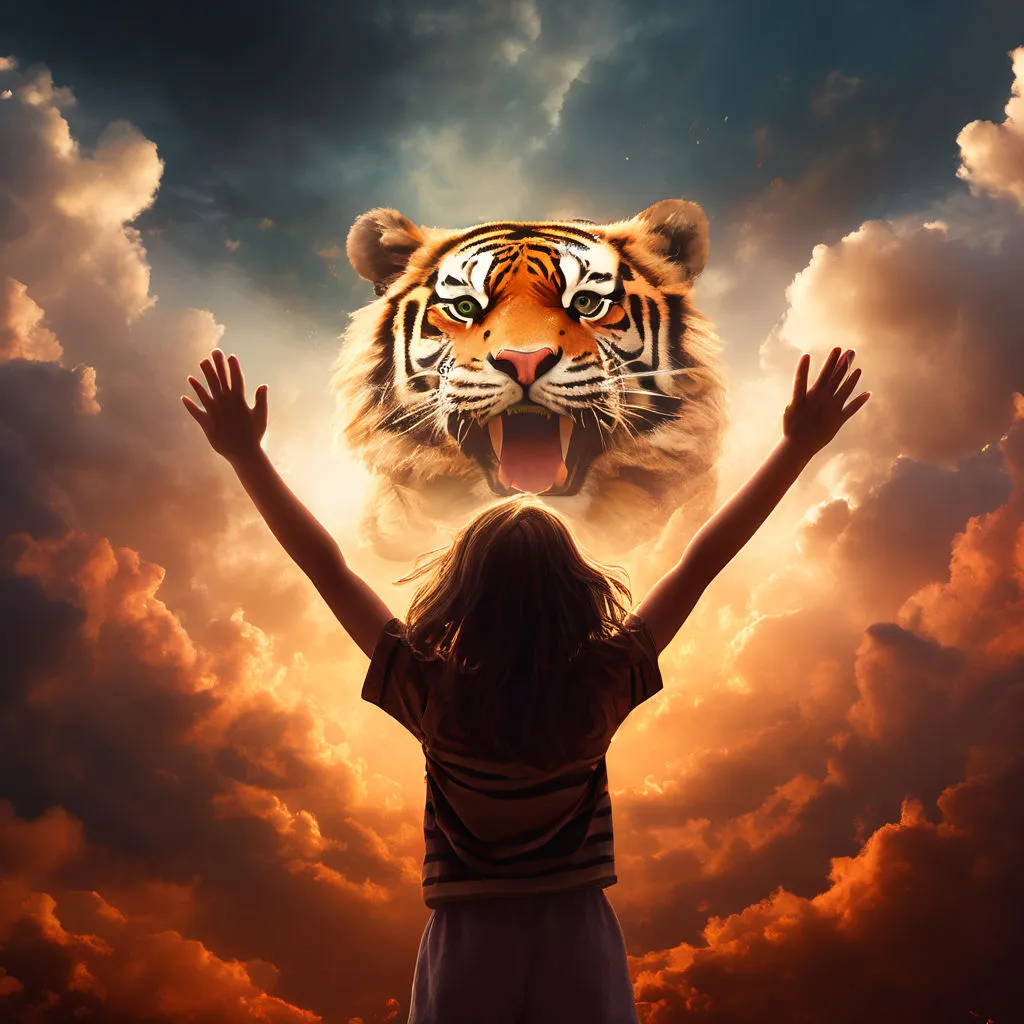 a girl standing in front of a tiger head