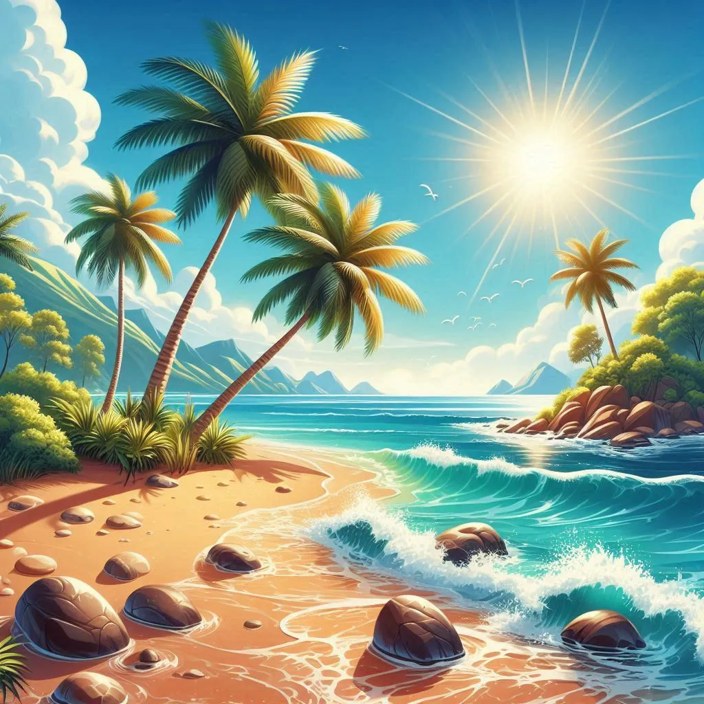 a painting of a tropical beach with palm trees