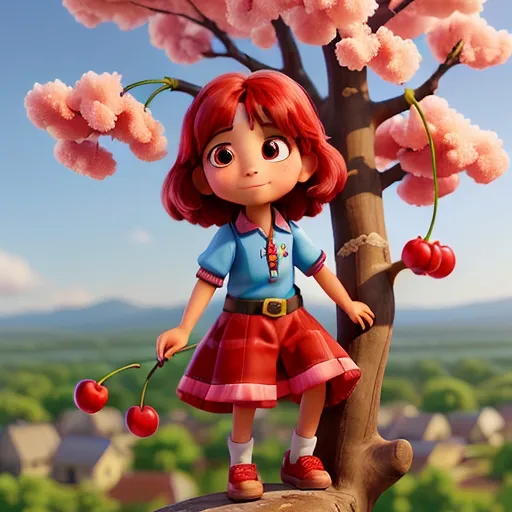 a little girl standing on a tree branch with cherries