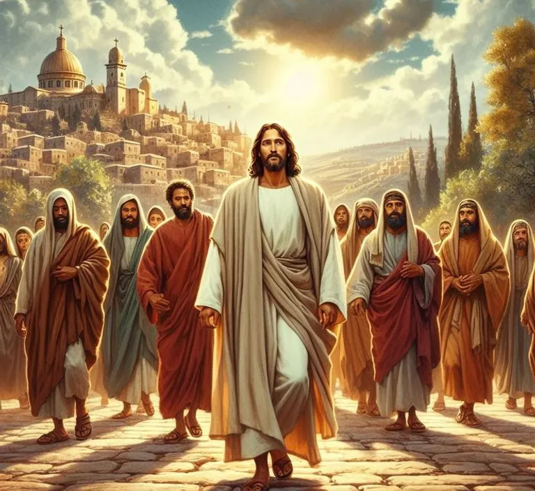 a painting of jesus leading a group of people