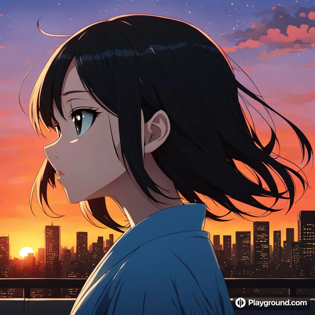 a girl looking at the sunset with a city in the background