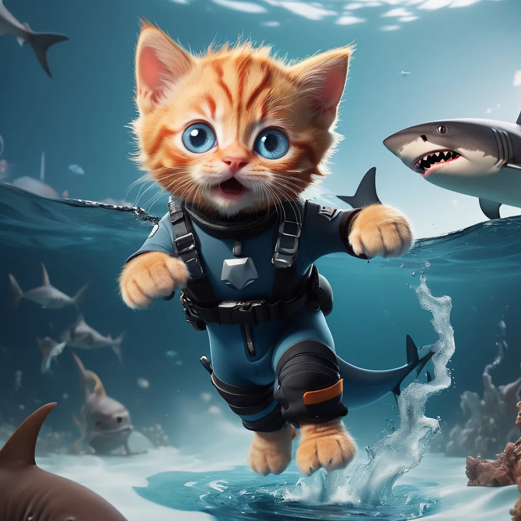 a ginger kitten with big, blue, cute eyes, dressed in a diver's costume, run from sharks