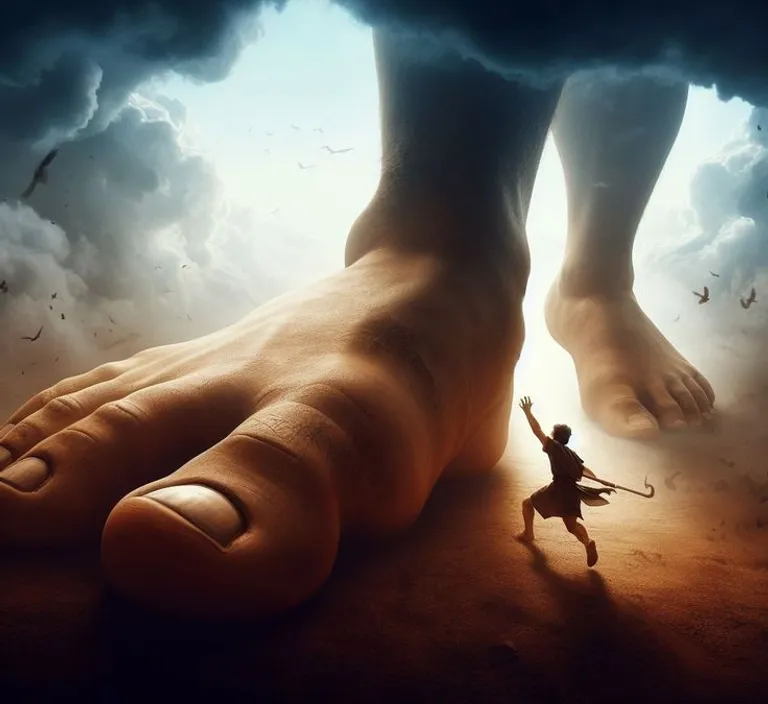 a person standing on top of a giant foot