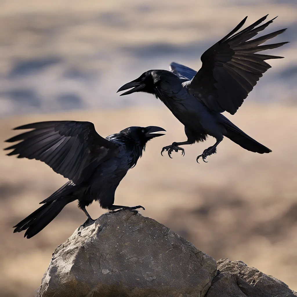 two ravens fighting with a background of hills