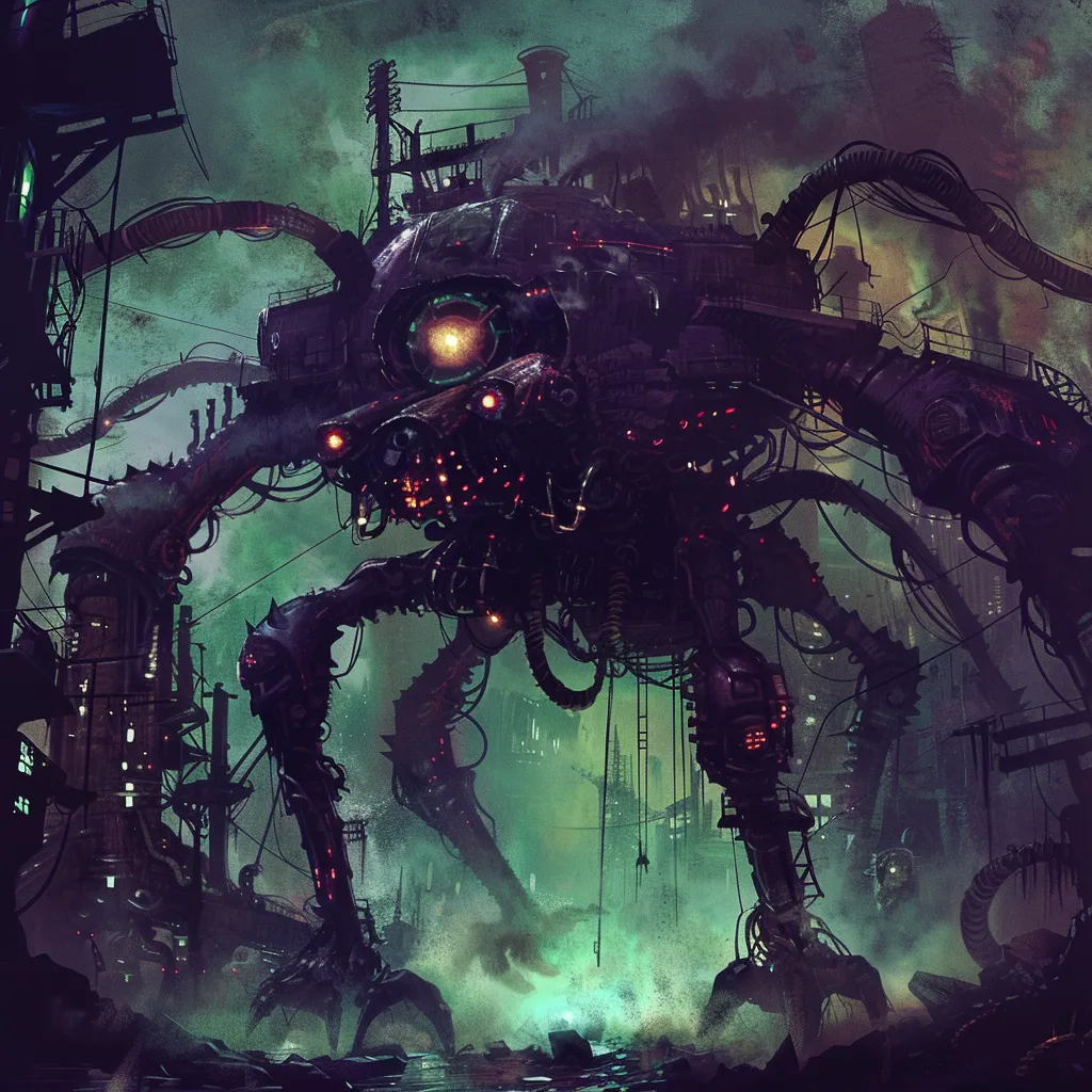 a giant robot with glowing eyes standing in front of a city