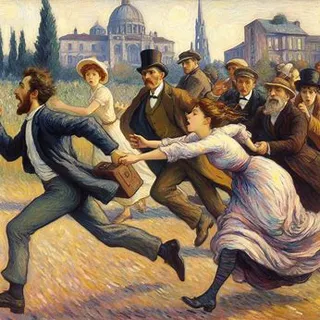 a painting of a man being chased by a woman Maintain the style