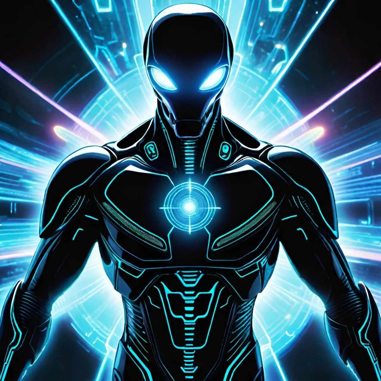 a man in a futuristic suit standing in front of a blue light