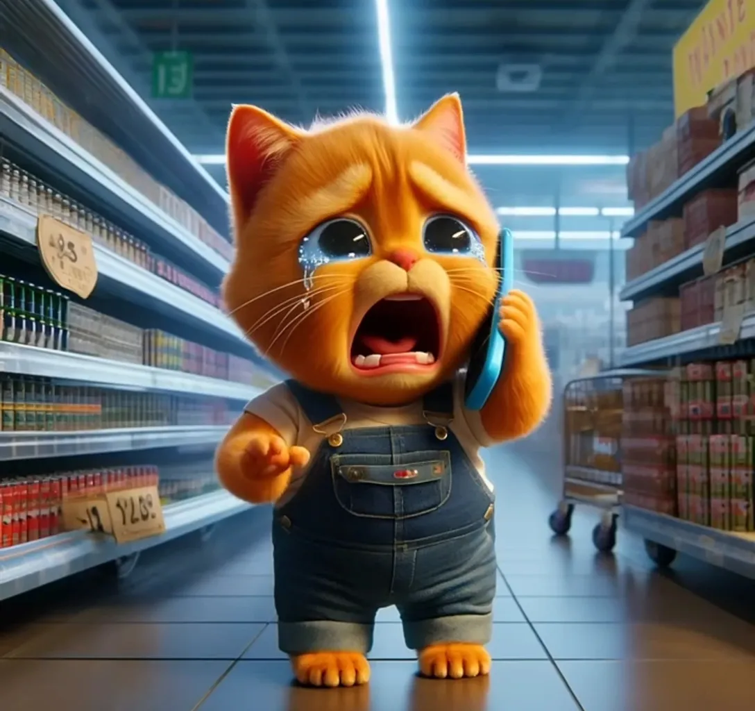 a cat talking on a cell phone in a grocery store