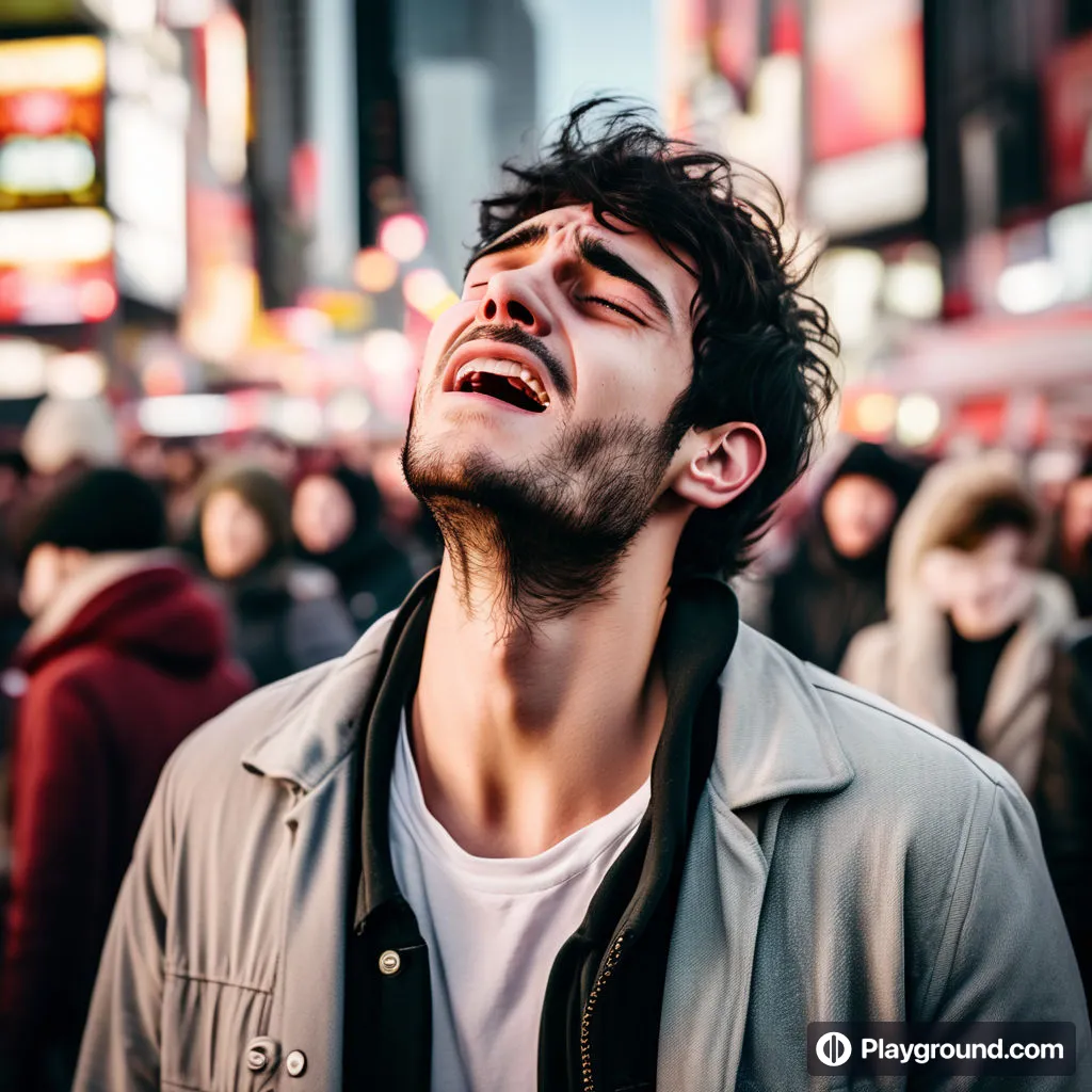 a man laughing in the middle of a crowded street