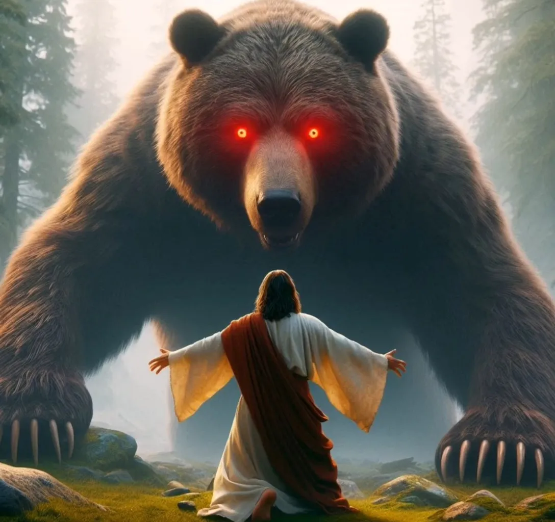 a god standing in front of a giant demonic bear