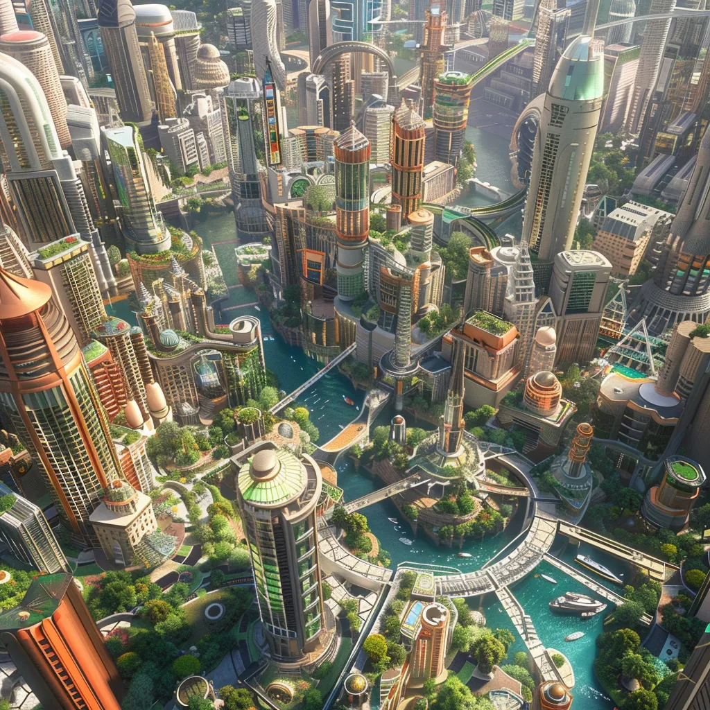 a futuristic city with lots of tall buildings