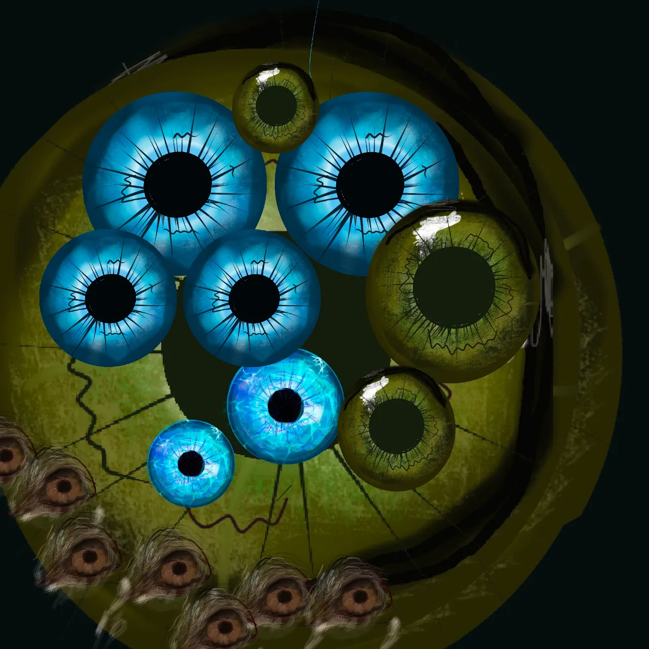 a painting of blue and green eyeballs on a green plate spinning like solar eclipse