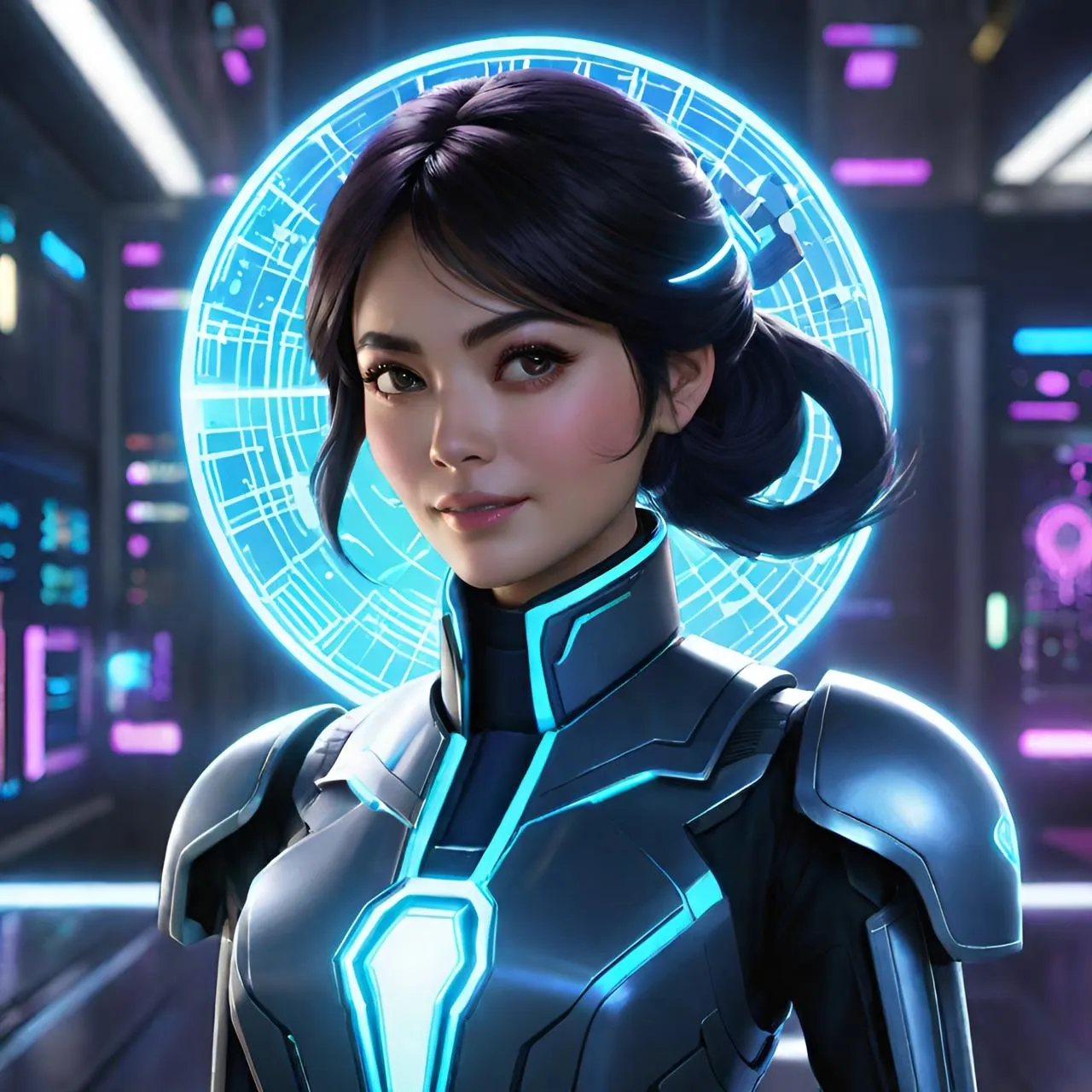 a woman in a futuristic suit standing in a room