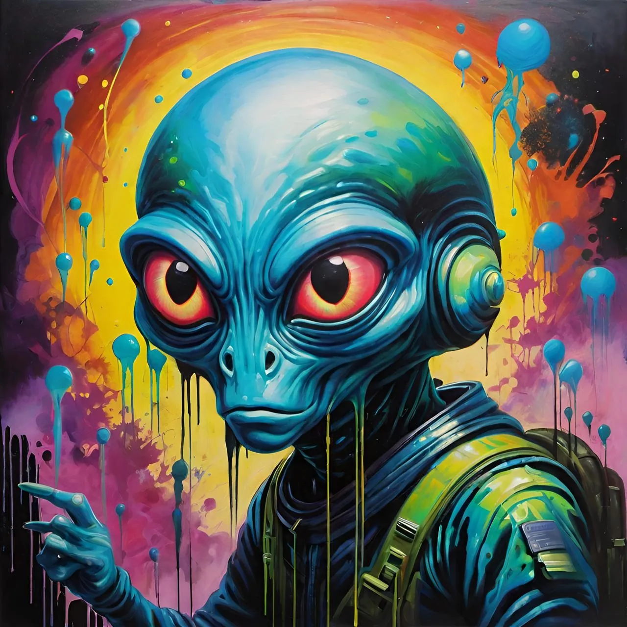 a painting of a blue alien with red eyes