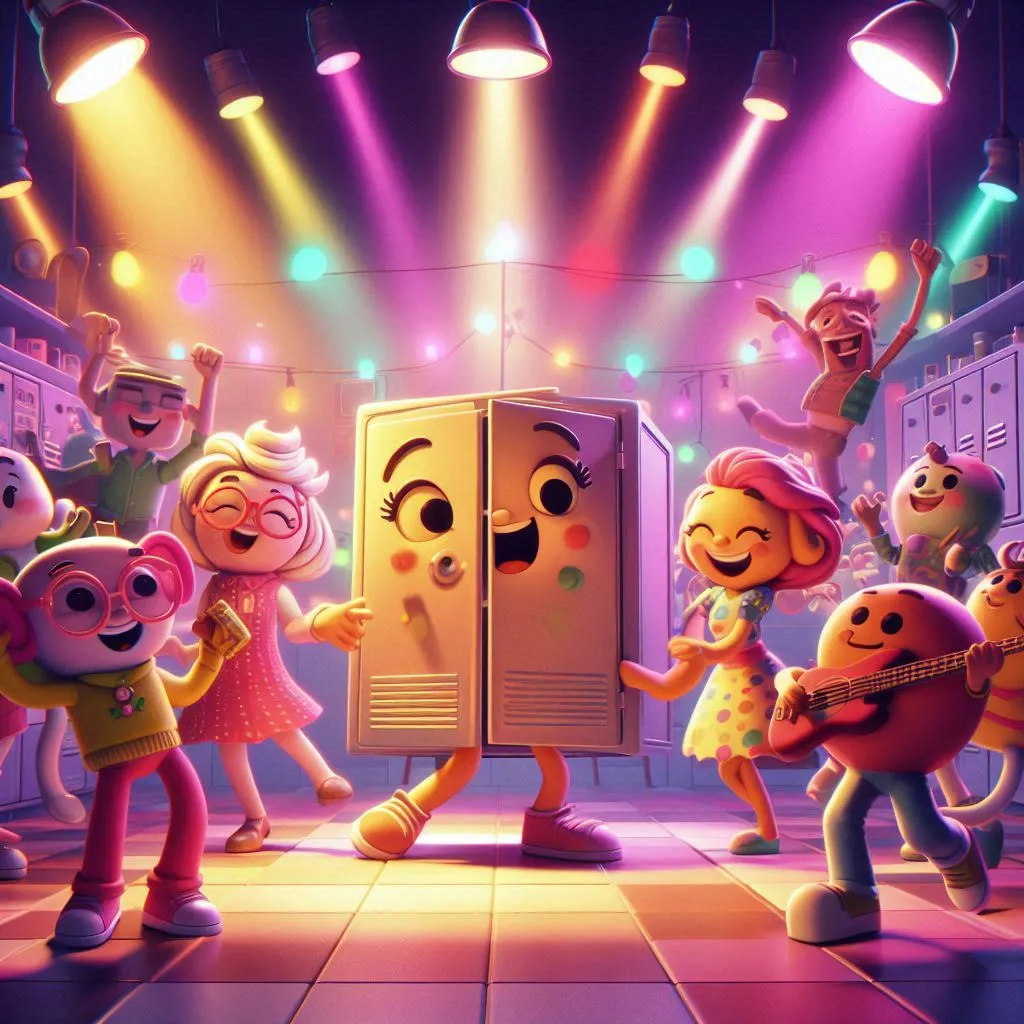 a group of cartoon characters standing in front of a refrigerator