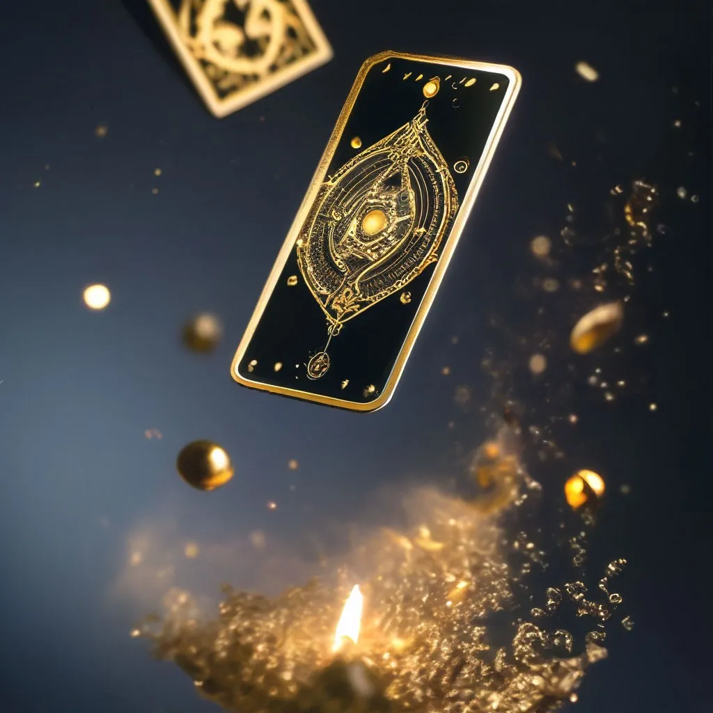 a gold playing card floating in the air