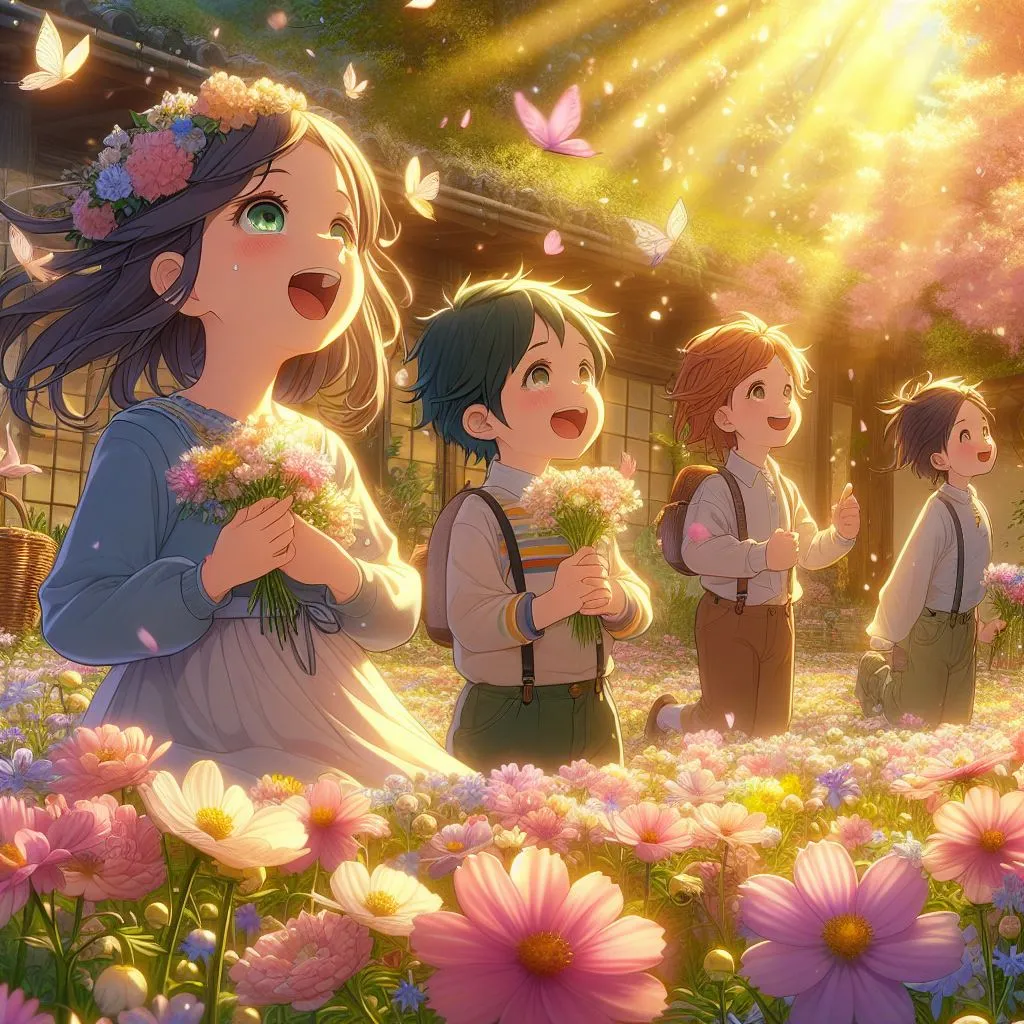 a group of people standing in a field of flowers